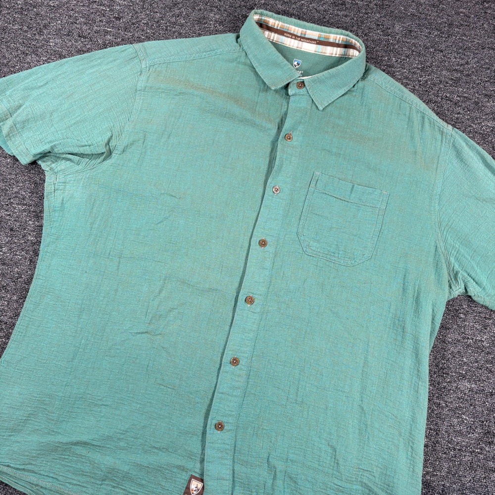 KUHL Button Down Shirt Mens XL Green Organic Cotton Textured Short Sleeve